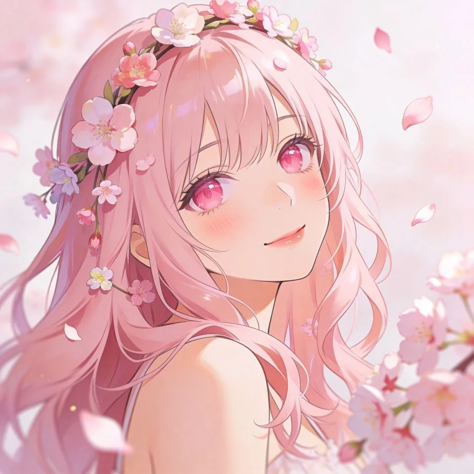 coquette-pfp-anime-girl-pastel-pink-flowers-soft Pastel pink anime girl coquette pfp with floral details and soft aesthetic perfect for feminine TikTok profile picture