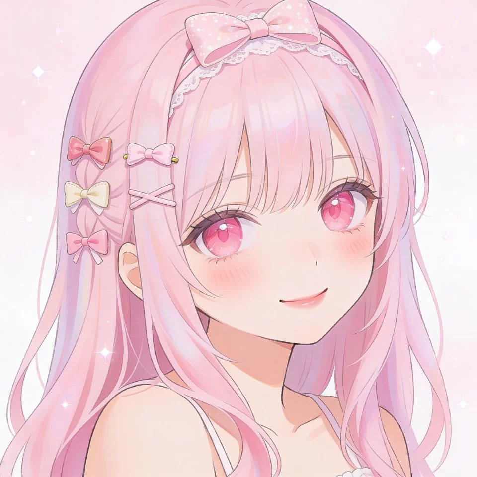 coquette-pfp-anime-girl-pink-hair-bow-kawaii Cute anime girl coquette pfp with soft pink hair and bow accessories showing kawaii aesthetic for Discord profile pictures