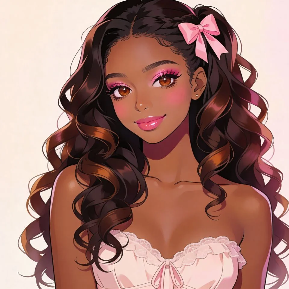 coquette-pfp-black-girl-pink-bow-inclusive-feminine Black girl coquette pfp with pink bow and inclusive feminine aesthetic perfect for diverse Discord profile picture representation