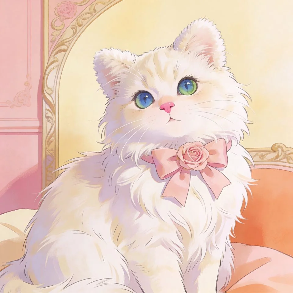 coquette-pfp-fluffy-white-cat-pink-bow-romantic Fluffy white cat coquette pfp with pink bow and romantic soft aesthetic for feminine TikTok profile picture avatar