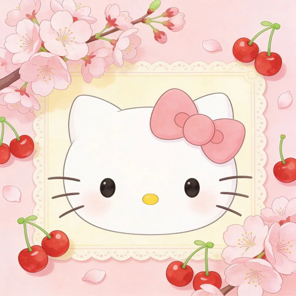 coquette-pfp-hello-kitty-cherry-pink-soft-aesthetic Cute Hello Kitty cherry coquette pfp with pink bow and sweet aesthetic perfect for feminine TikTok profile picture avatar