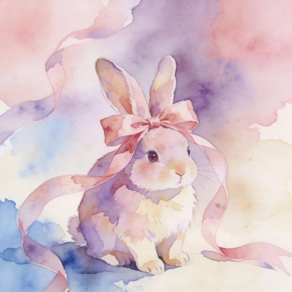 coquette-pfp-watercolor-bunny-pink-ribbon-pastel Watercolor bunny coquette pfp with pink ribbon bow and dreamy pastel aesthetic for feminine TikTok profile picture avatar