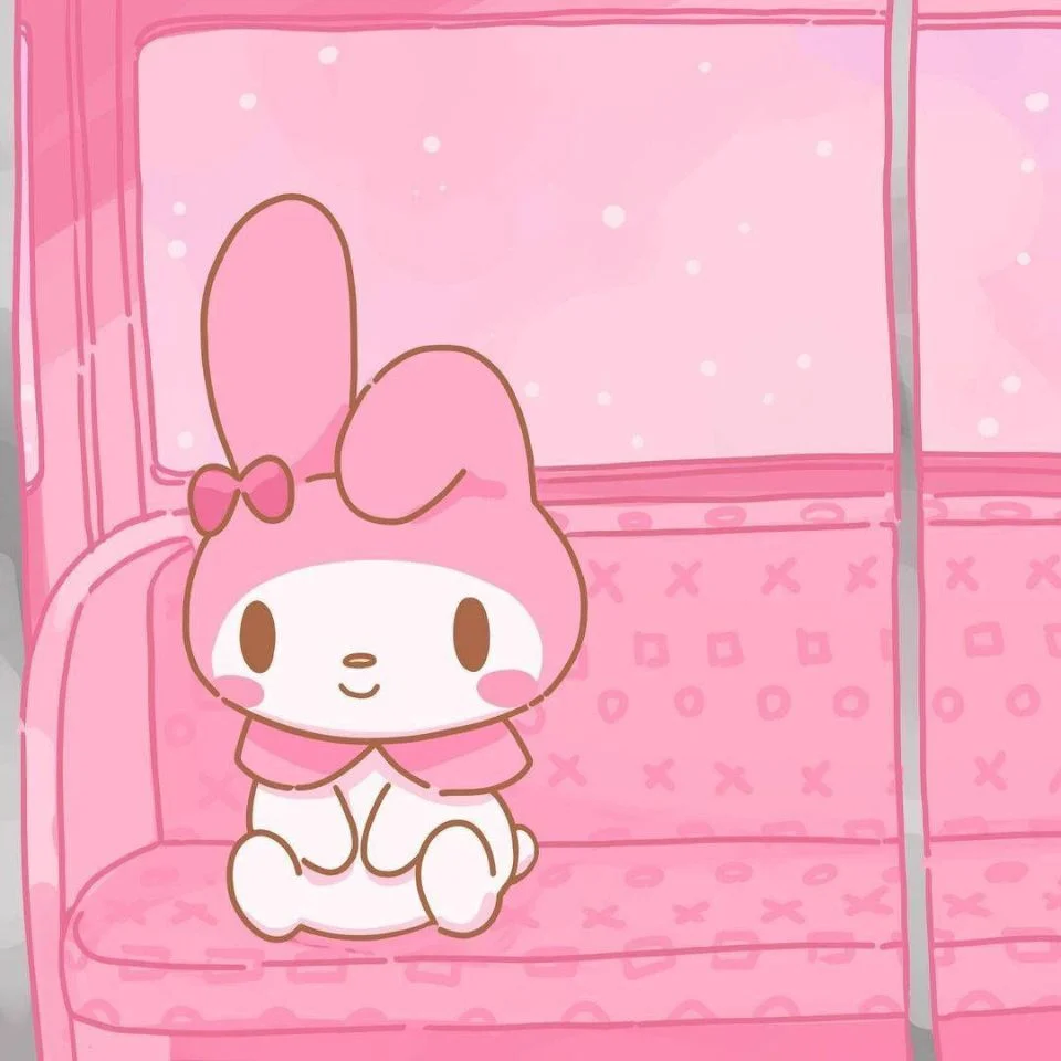 Cute my melody pfp sitting on a pink sofa with soft warm tones perfect as a cozy kawaii Sanrio Discord avatar
