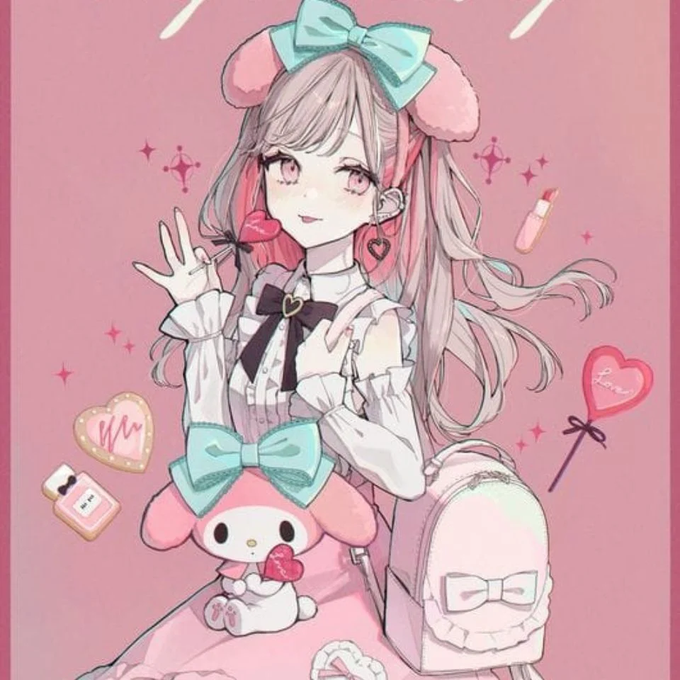 My melody anime style pfp as a soft pink artistic portrait with expressive kawaii eyes and warm Sanrio character art tones