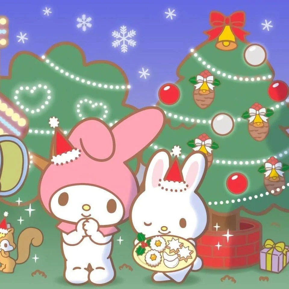 My melody christmas pfp with festive holiday Sanrio winter scene featuring soft pink and snowy white tones for seasonal Discord profiles