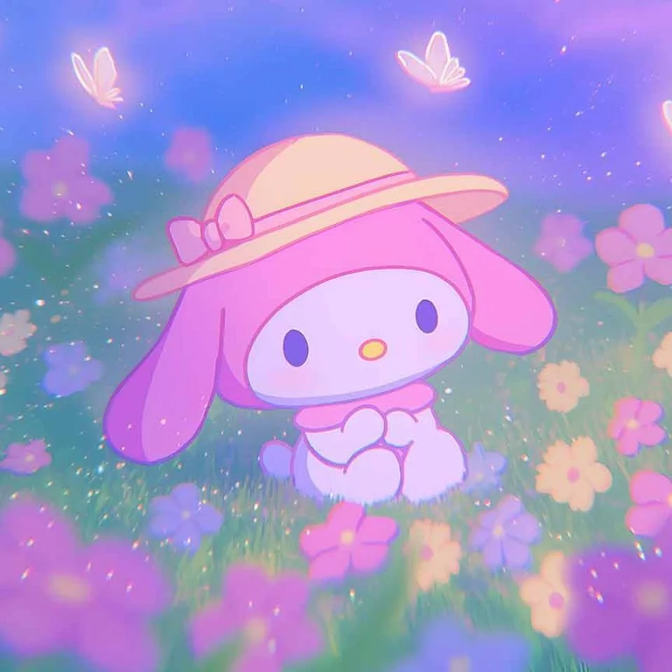 My melody cottagecore pfp in a pastel flower field with soft butterflies and gentle garden tones perfect for aesthetic profile pictures