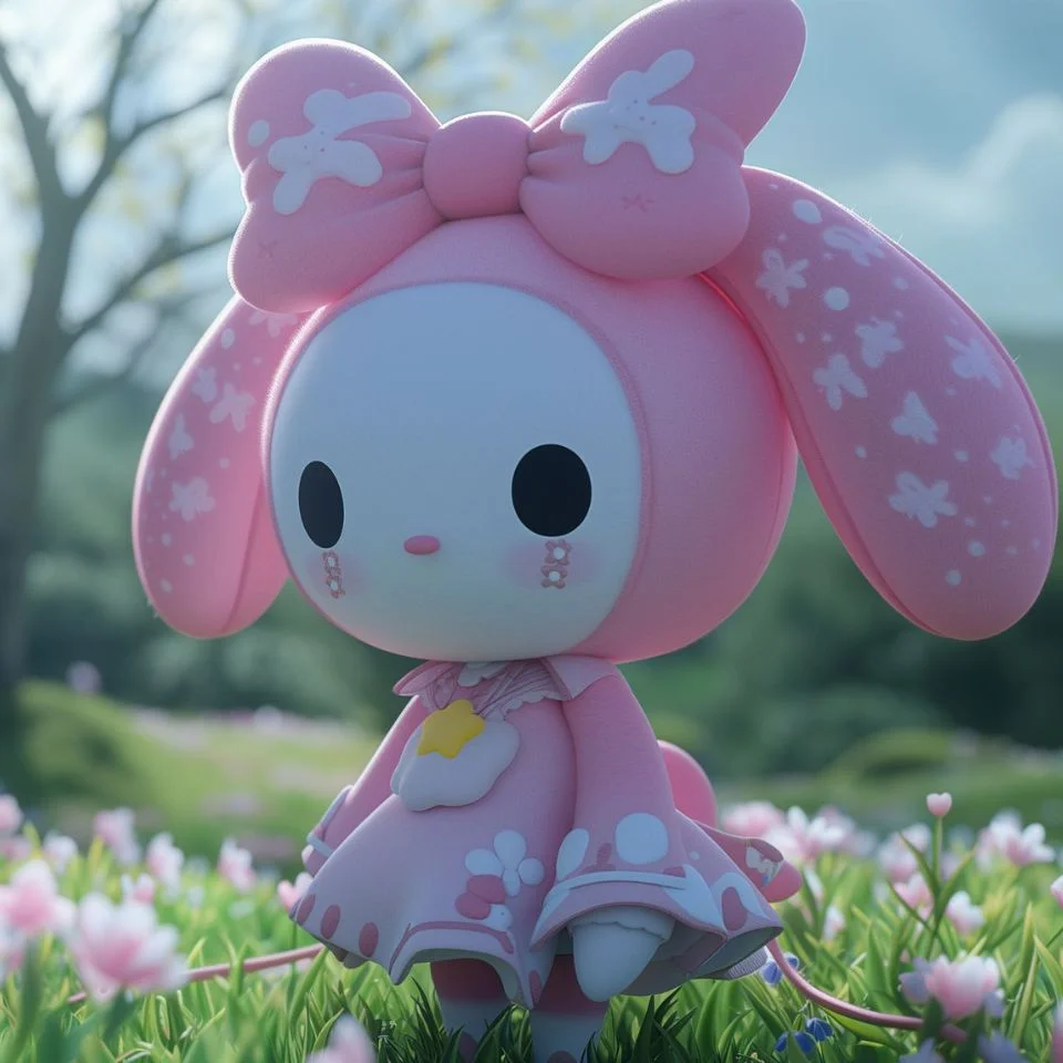 My melody springtime cottagecore pfp with soft nature kawaii Sanrio tones surrounded by gentle pink blooms for aesthetic Discord profiles