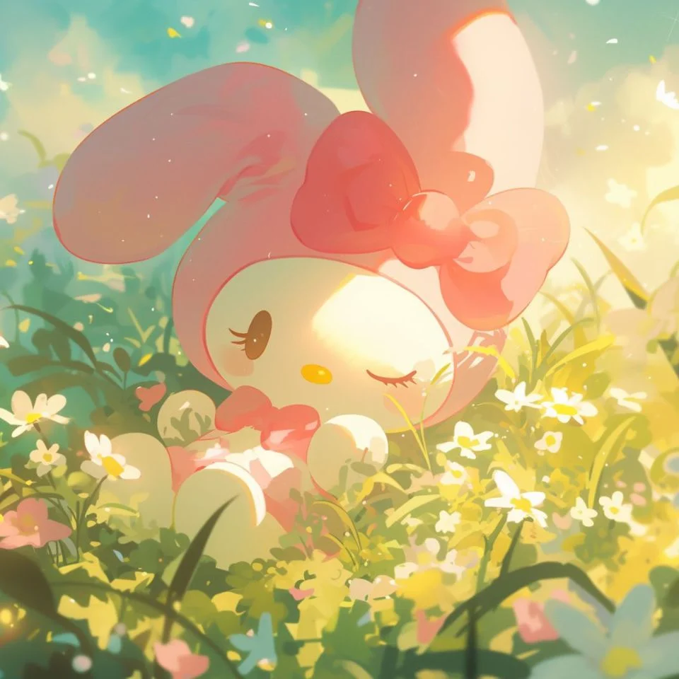 My melody floral pfp in a blossoming garden with soft spring Sanrio tones and delicate flower details ideal for Instagram aesthetic profiles