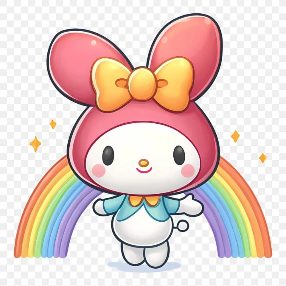 My melody on rainbow pfp with colorful Sanrio kawaii design showing vibrant arc background perfect for bright Discord and Instagram avatars