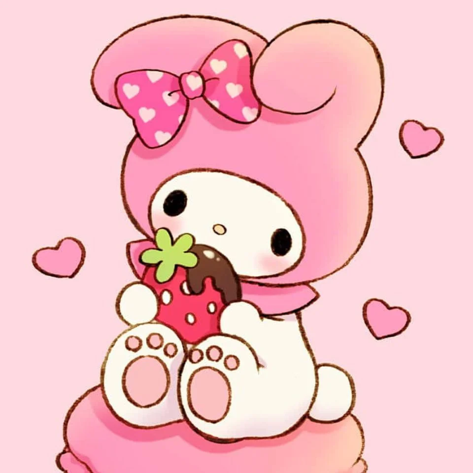 Cute my melody strawberry pfp showing My Melody eating a strawberry macaron with sweet pastel Sanrio tones for kawaii profiles