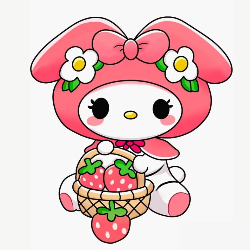 My melody strawberry picking pfp with cottagecore Sanrio charm showing sweet outdoor scene in soft pink and red tones for profile pictures