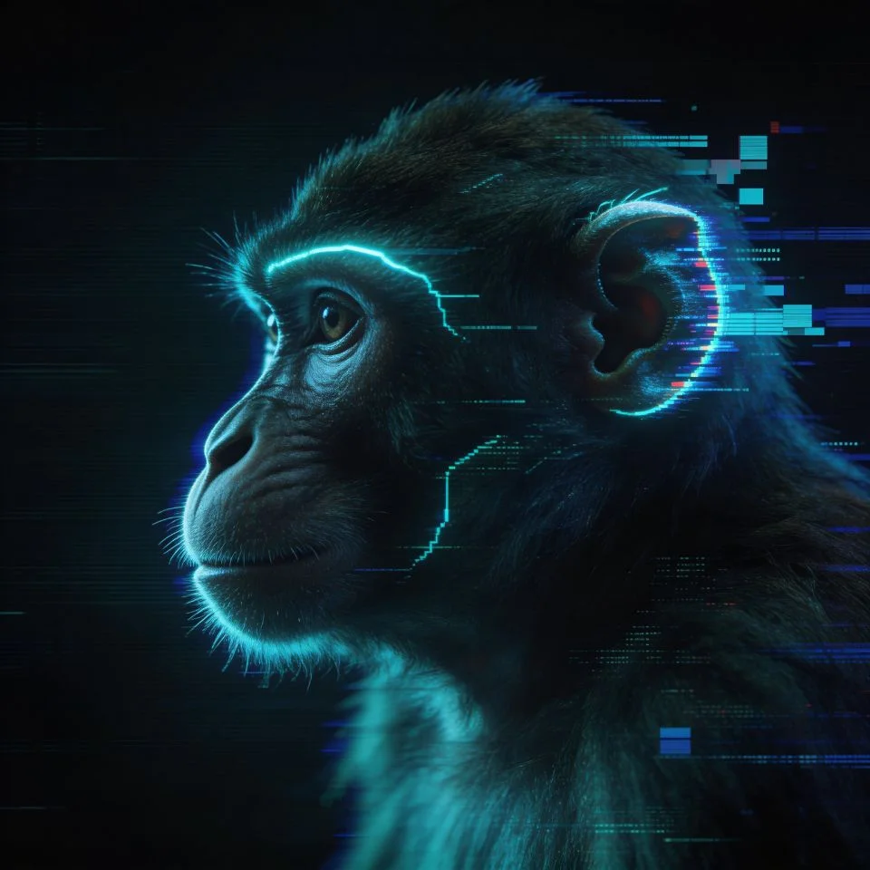 aesthetic-monkey-pfp-cyan-blue-neon-glitch-effect-dark-moody Aesthetic monkey pfp with cyan blue neon tones and glitch distortion effect on dark moody background ideal for edgy Discord and gaming avatars