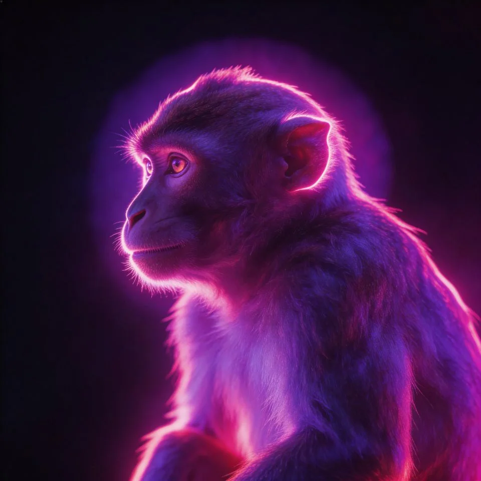 aesthetic-monkey-pfp-neon-purple-pink-vaporwave-glow-dark-background Aesthetic monkey pfp bathed in neon purple and pink vaporwave glow against a dark background perfect for TikTok and Discord aesthetic profiles