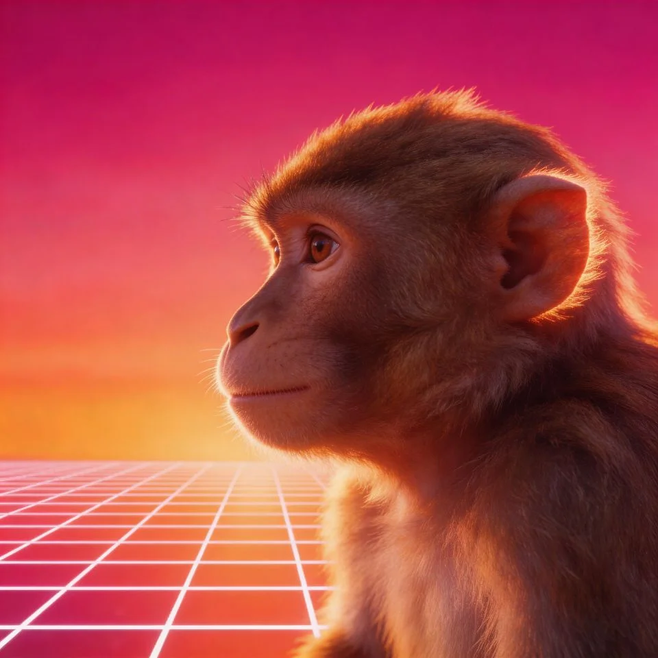 aesthetic-monkey-profile-picture-synthwave-sunset-gradient-retro-grid Aesthetic monkey profile picture with synthwave sunset gradient and retro grid background in warm orange and magenta tones for Instagram avatars