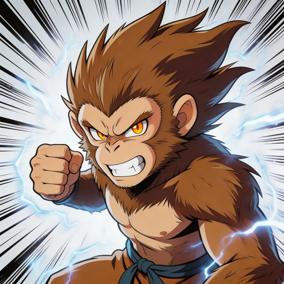 anime-monkey-pfp-shonen-style-fierce-expression-wind-swept-hair-battle-pose Anime monkey pfp in shonen style with fierce battle expression wind swept hair and dynamic energy lines perfect for intense Discord and gaming profile avatars