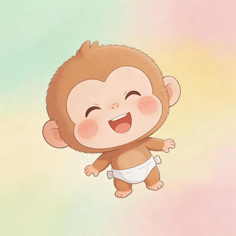 baby-monkey-pfp-cartoon-style-diaper-big-head-giggling-expression-pastel Baby monkey pfp in cartoon style with oversized head giggling expression and soft pastel nursery tones great for cute and funny Discord and Instagram avatars