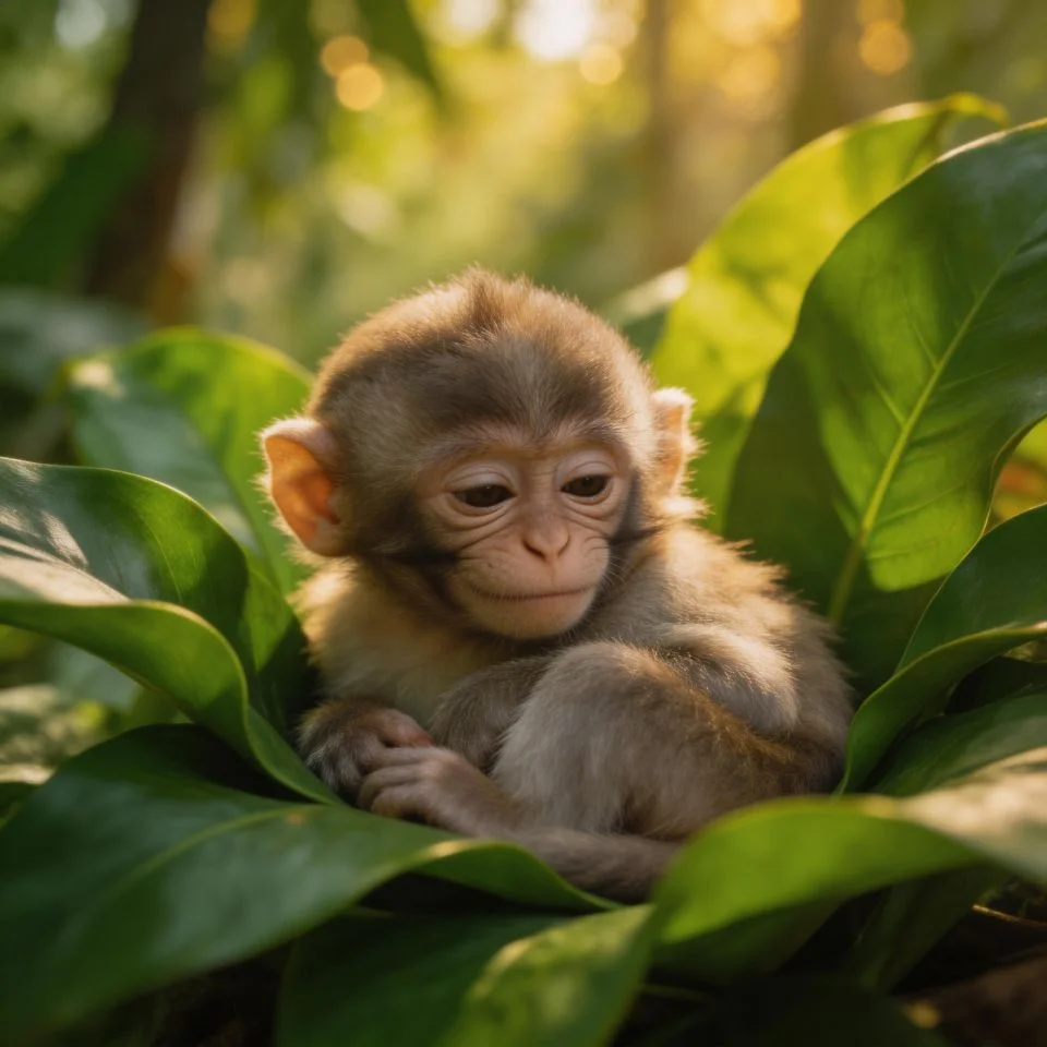 Baby monkey pfp showing realistic infant monkey nestled in jungle leaves with warm golden light and natural tones perfect for nature themed Instagram avatars