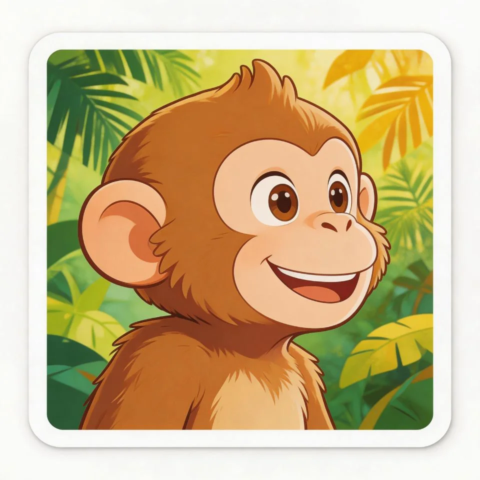 cartoon-monkey-profile-picture-sticker-style-white-border-colorful-jungle Cartoon monkey profile picture in sticker style with white border colorful jungle background and playful happy expression for Instagram avatars