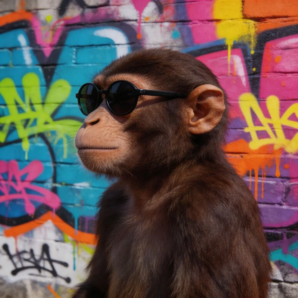 cool-monkey-pfp-graffiti-background-spray-paint-street-art-bold-urban Cool monkey pfp posed against vibrant graffiti wall with spray paint street art background and bold urban attitude perfect for edgy Discord gaming avatars