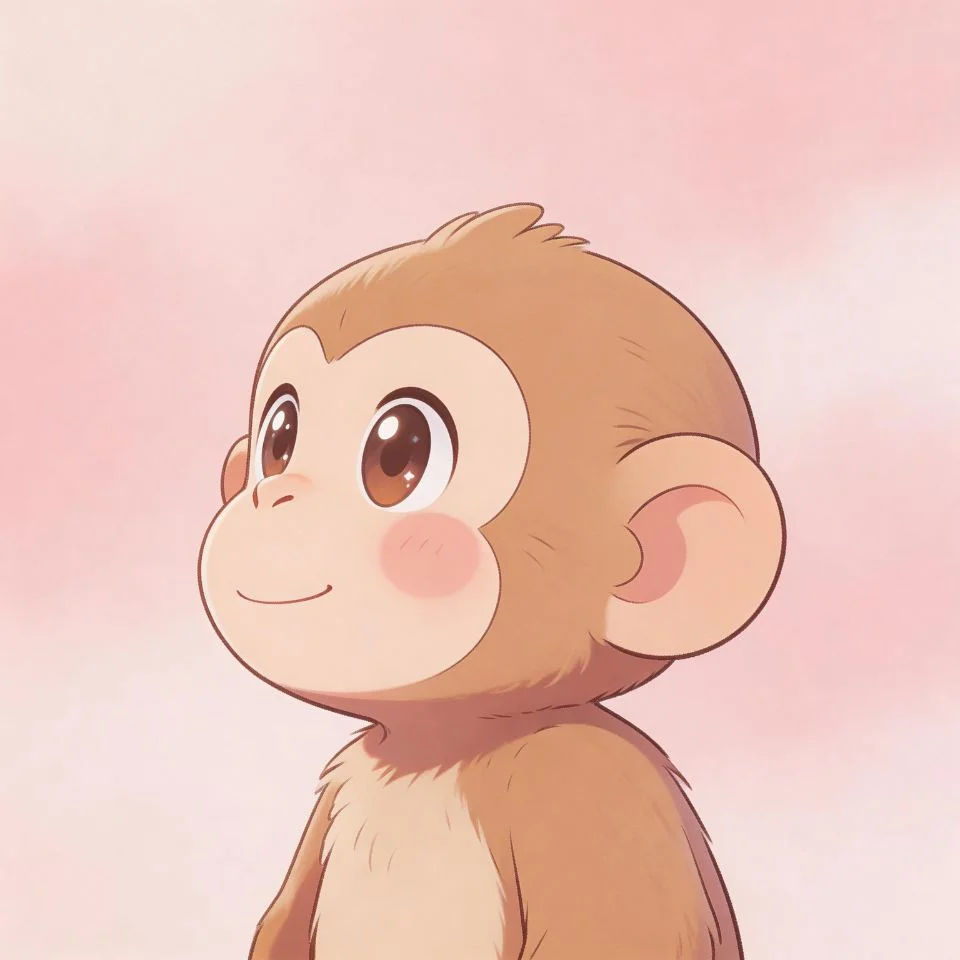 cute-monkey-pfp-big-eyes-soft-pink-background-discord Cute monkey pfp with oversized glossy eyes and rosy cheeks on a soft pink background perfect for Discord and TikTok