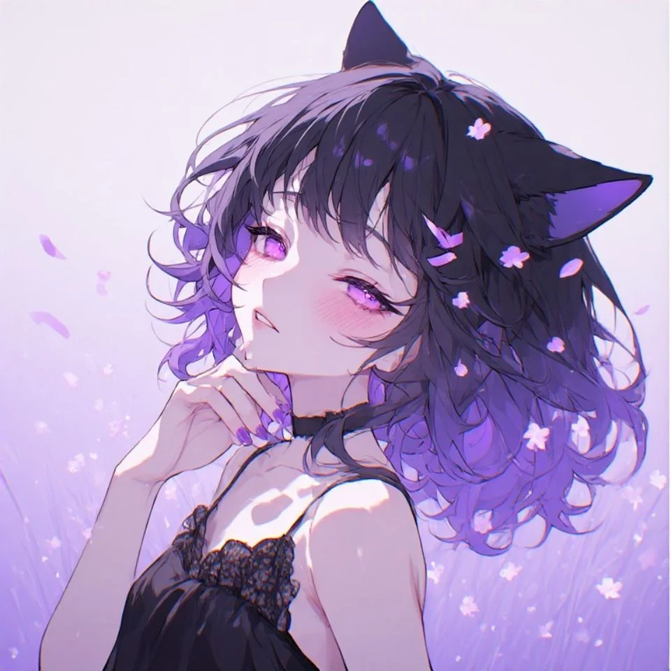 Cute purple anime pfp with blushing cat-ear girl and lavender tones for Discord and TikTok profiles