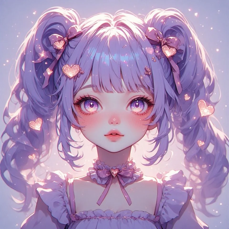 Cute purple pfp featuring chibi girl with sparkling eyes and soft violet background for social media profiles