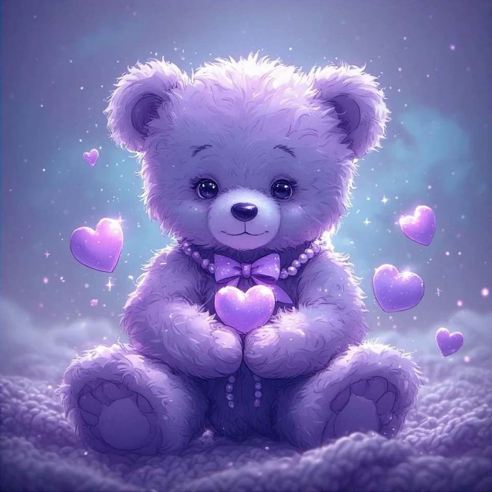 Adorable pastel purple pfp with teddy bear holding hearts perfect for cute aesthetic Instagram avatars