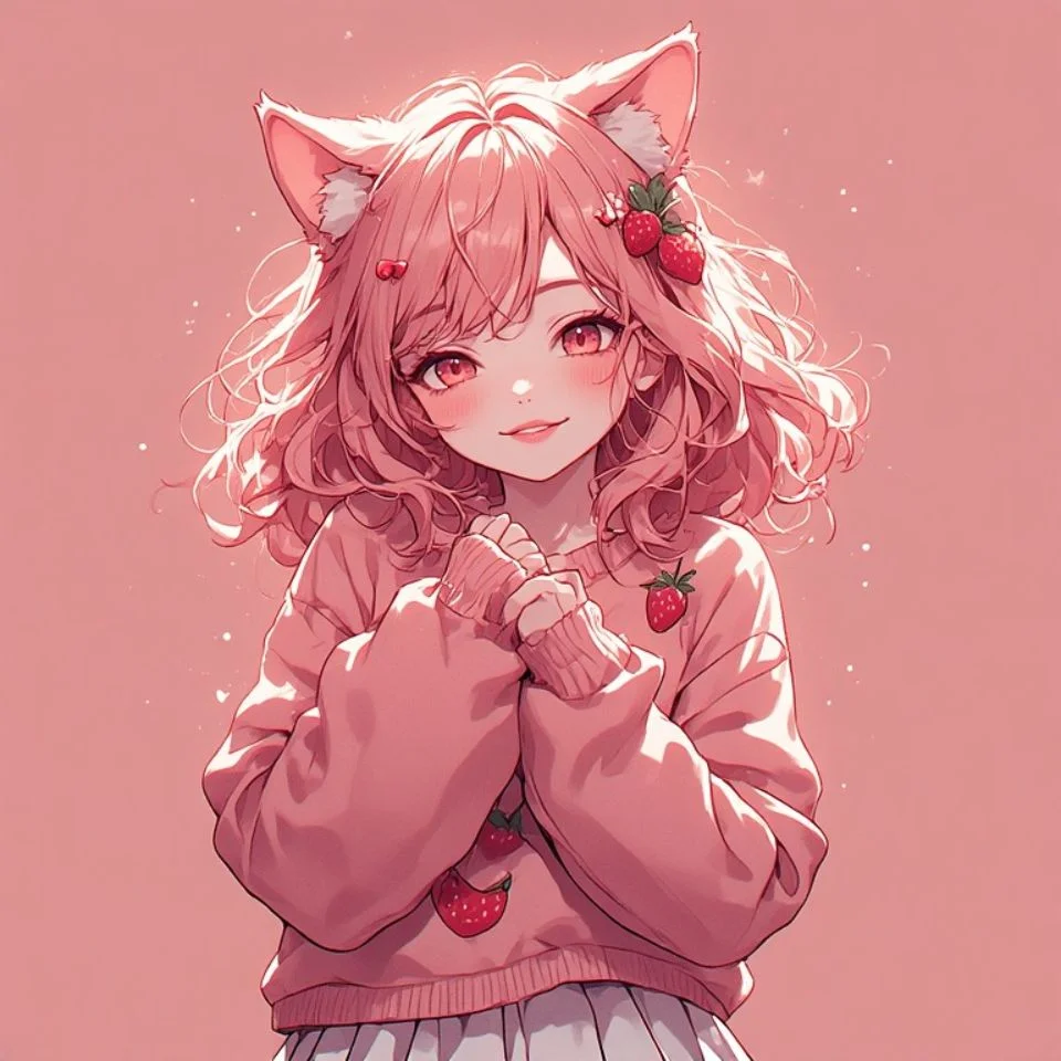 Soft red aesthetic pfp with cherry pastel cat ears character perfect for cute kawaii Discord avatars