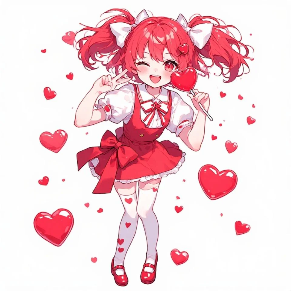 Vibrant cute red anime girl pfp holding a heart lollipop with sweet aesthetic for TikTok profile icons