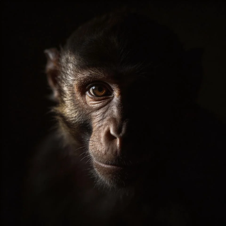 dark-monkey-pfp-cinematic-shadow-low-light-black-background-intense-gaze Dark monkey pfp with cinematic shadow lighting intense gaze and deep black background perfect for mysterious and edgy Discord profile avatars