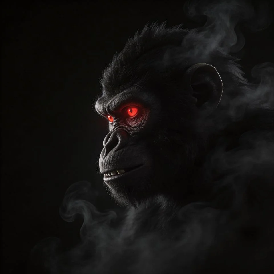 Dark monkey pfp with glowing red eyes dramatic black smoke swirling effect and high contrast edgy composition ideal for gaming and Discord avatars