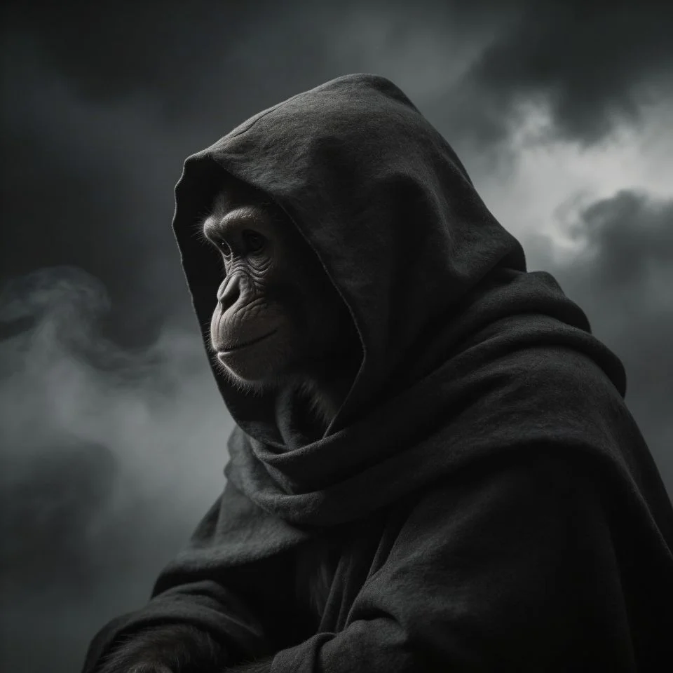 dark-moody-monkey-profile-picture-stormy-grey-tones-hooded-mysterious Dark moody monkey profile picture in stormy grey tones with hooded silhouette and mysterious brooding expression for edgy TikTok and Instagram avatars