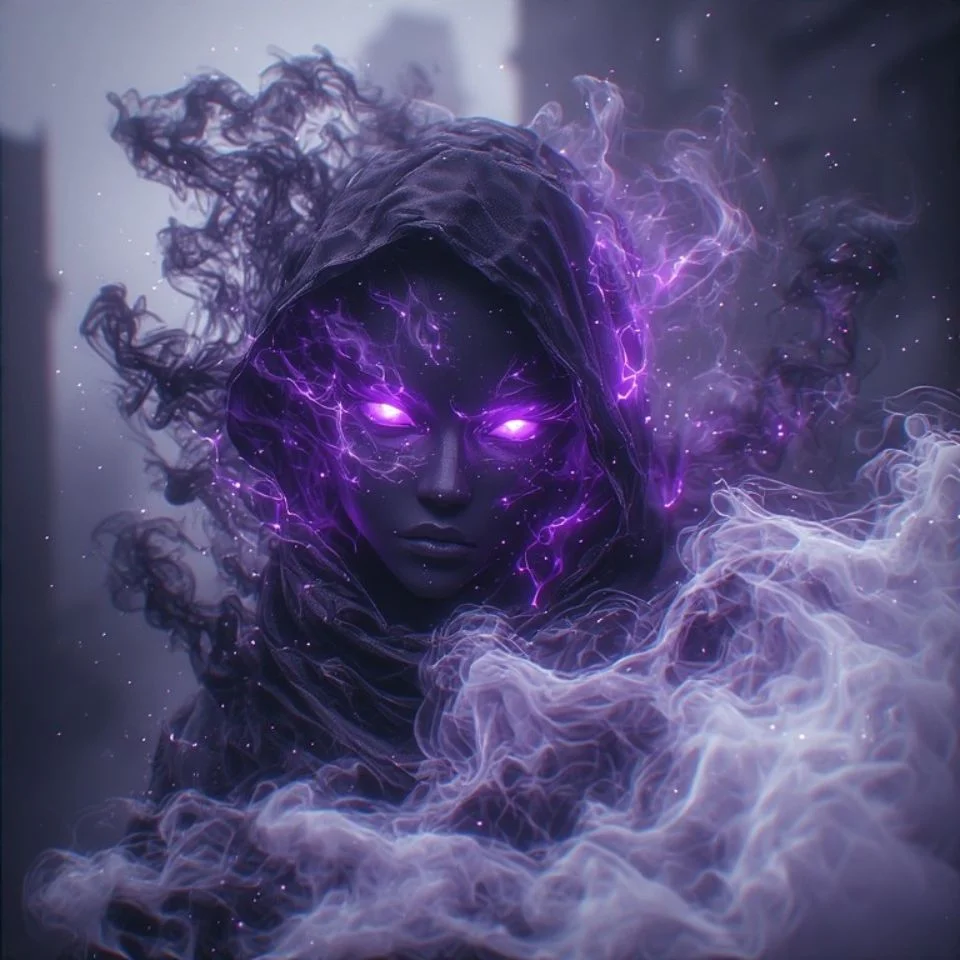 Moody dark purple pfp with glowing violet eyes and smoky aura for aesthetic gaming profile pictures