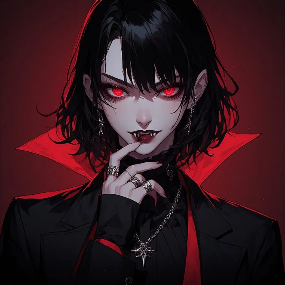 Dark red anime vampire pfp with burgundy glow and intense expression for edgy crimson profile pictures
