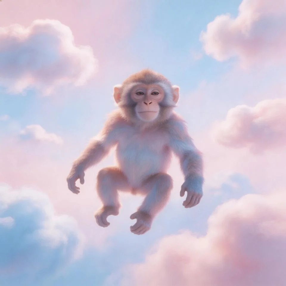 dreamcore-monkey-pfp-floating-clouds-pastel-sky-surreal-dreamy-soft-glowing Dreamcore monkey pfp floating among soft pastel clouds in surreal dreamy sky with gentle glowing light and ethereal aesthetic perfect for alt Discord and TikTok avatars