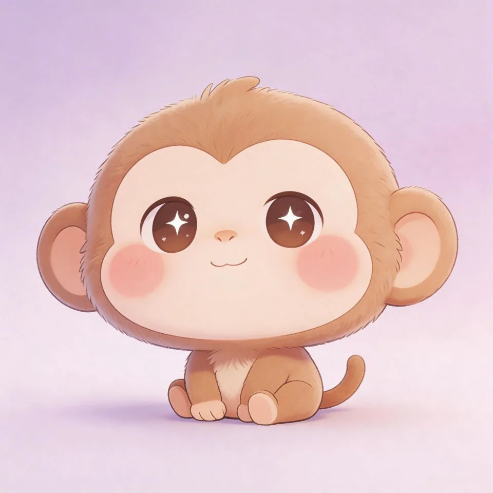 kawaii-monkey-pfp-chibi-oversized-head-pastel-lavender-blush-cheeks-discord Kawaii monkey pfp in chibi style with oversized head pastel lavender background rosy blush cheeks and sparkle eyes perfect for cute Discord avatars