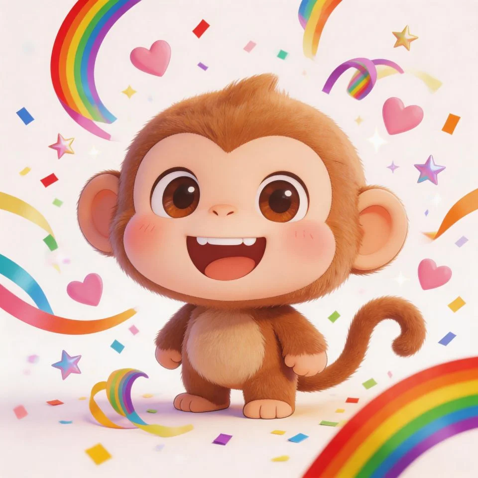 Kawaii chibi monkey pfp surrounded by rainbow confetti and party elements with joyful wide smile and bright cheerful tones for festive Discord avatars