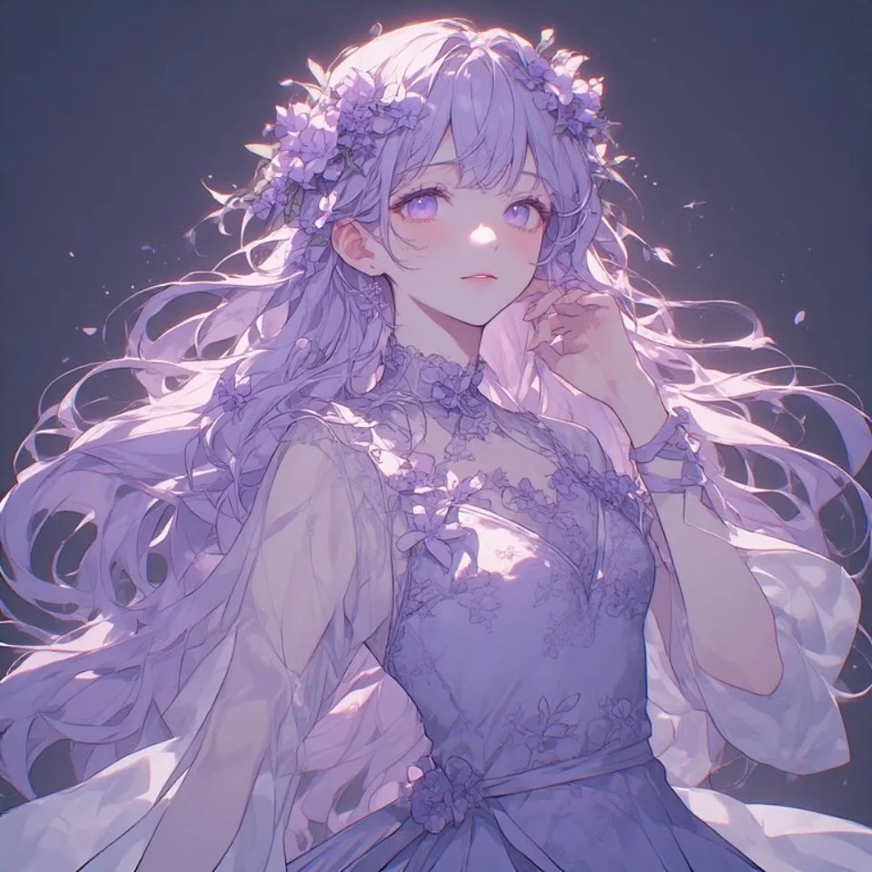 Pastel lavender anime girl pfp wearing flower crown with soft purple hues for Pinterest avatars