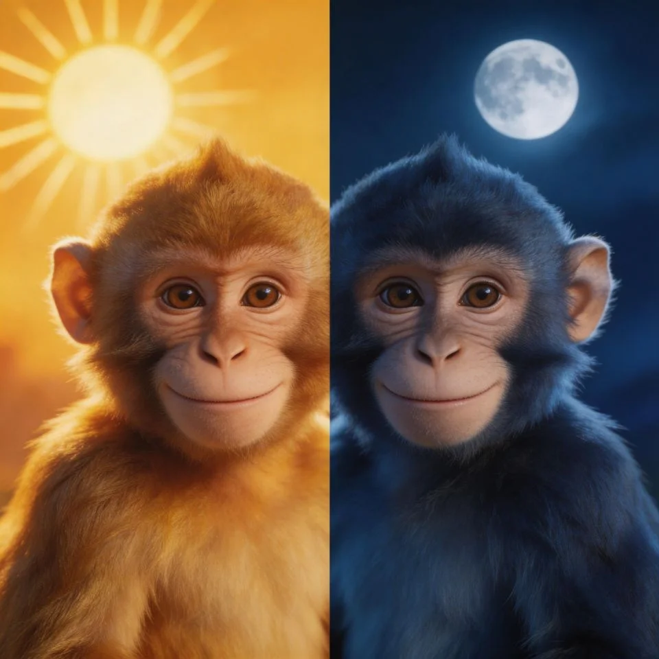 Matching monkey pfp best friend set with sun and moon yin yang theme in golden and midnight blue tones ideal for BFF Discord and Instagram duo avatars