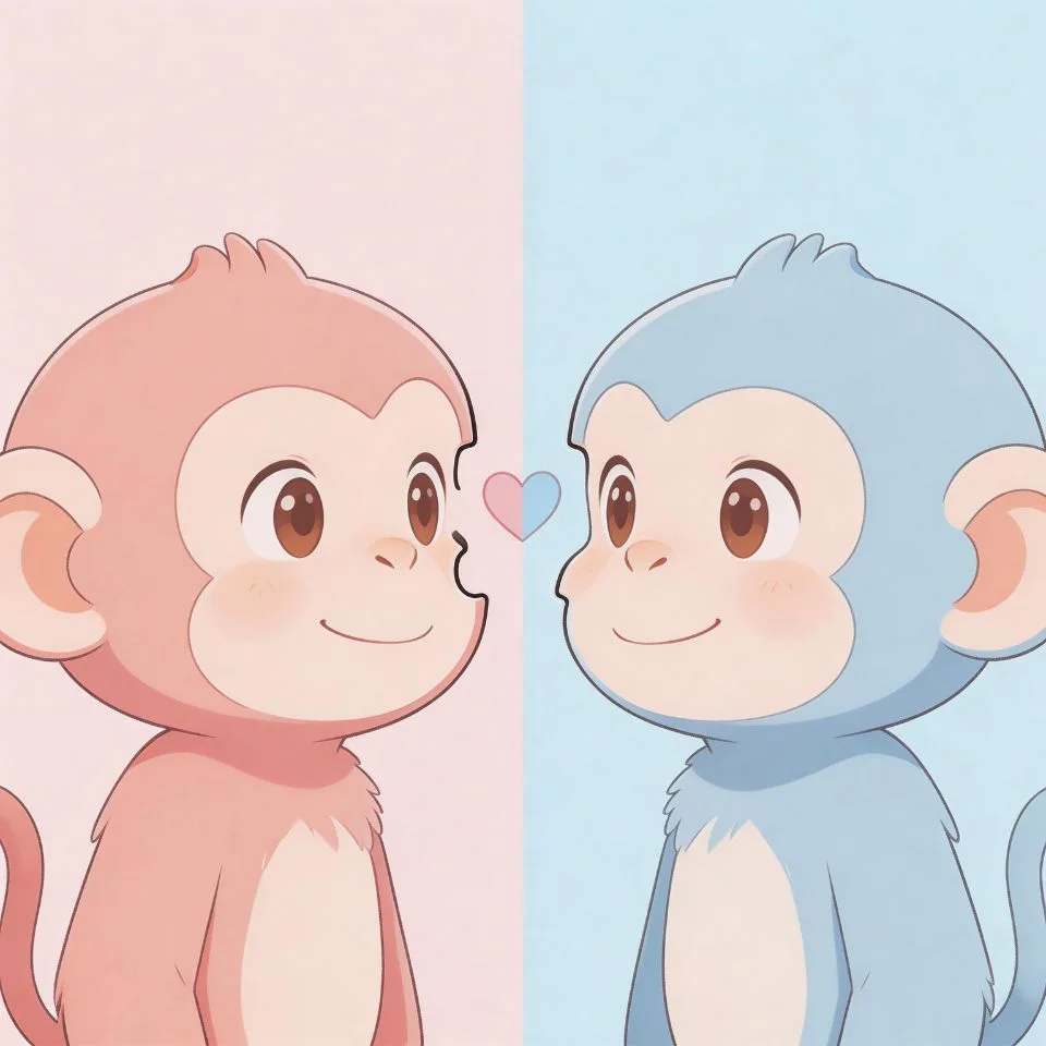 matching-monkey-pfp-couple-pink-blue-split-heart-sweet-romantic-discord Matching monkey pfp couple set in pink and blue split colorway with heart detail and sweet expressions perfect for romantic Discord and TikTok duo avatars