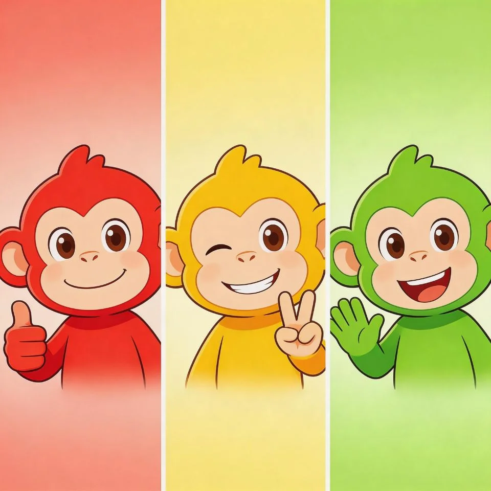 matching-monkey-pfp-squad-trio-colorful-coordinated-fun-group-discord Matching monkey pfp squad trio set with colorful coordinated palette red yellow and green fun group avatars perfect for Discord friend group servers