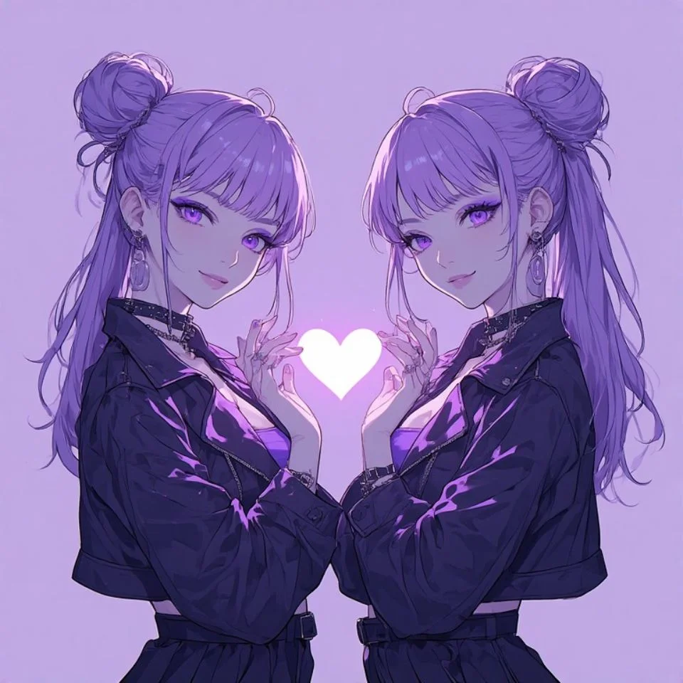 Matching purple best friend pfp with split heart design and lavender tones for duo profile icons