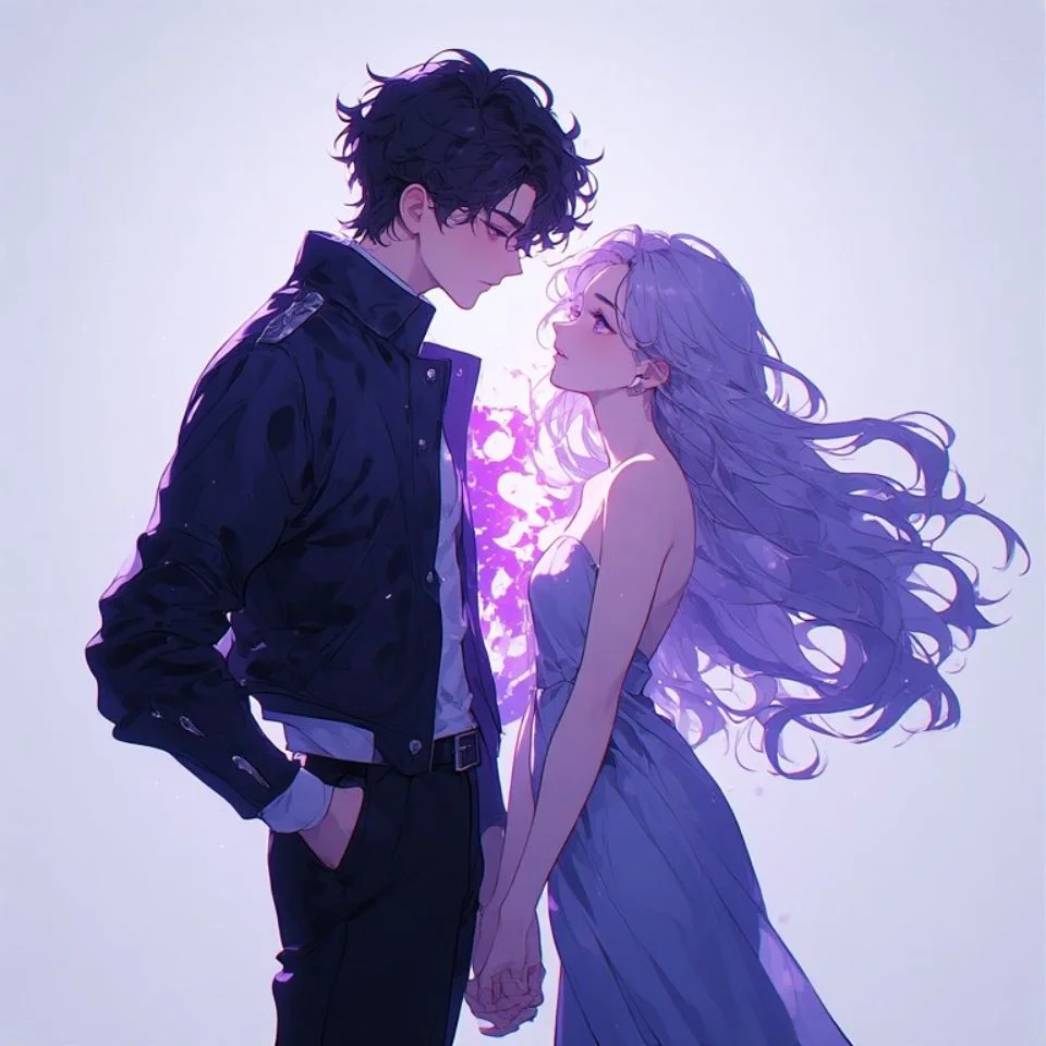 Matching purple pfp for couples showing anime pair holding hands with violet aesthetic background