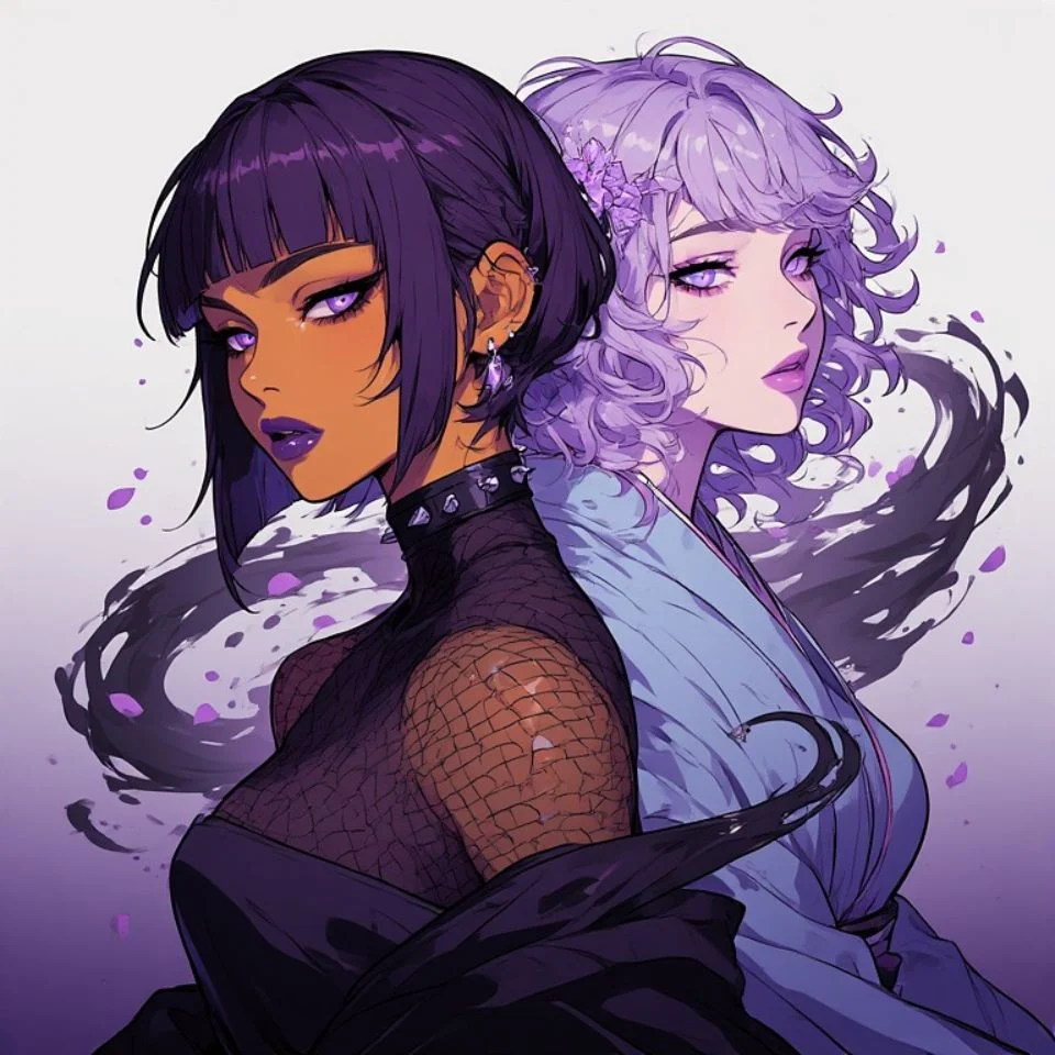 Purple matching pfp duo with yin-yang dark and light violet design for aesthetic couple avatars