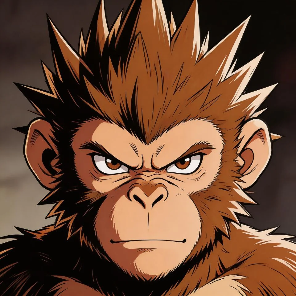 monkey-pfp-boy-anime-inspired-sharp-eyes-spiky-hair-determined-expression Monkey pfp boy in anime inspired style with sharp intense eyes spiky hair and determined expression radiating confidence perfect for Discord anime and gaming avatars