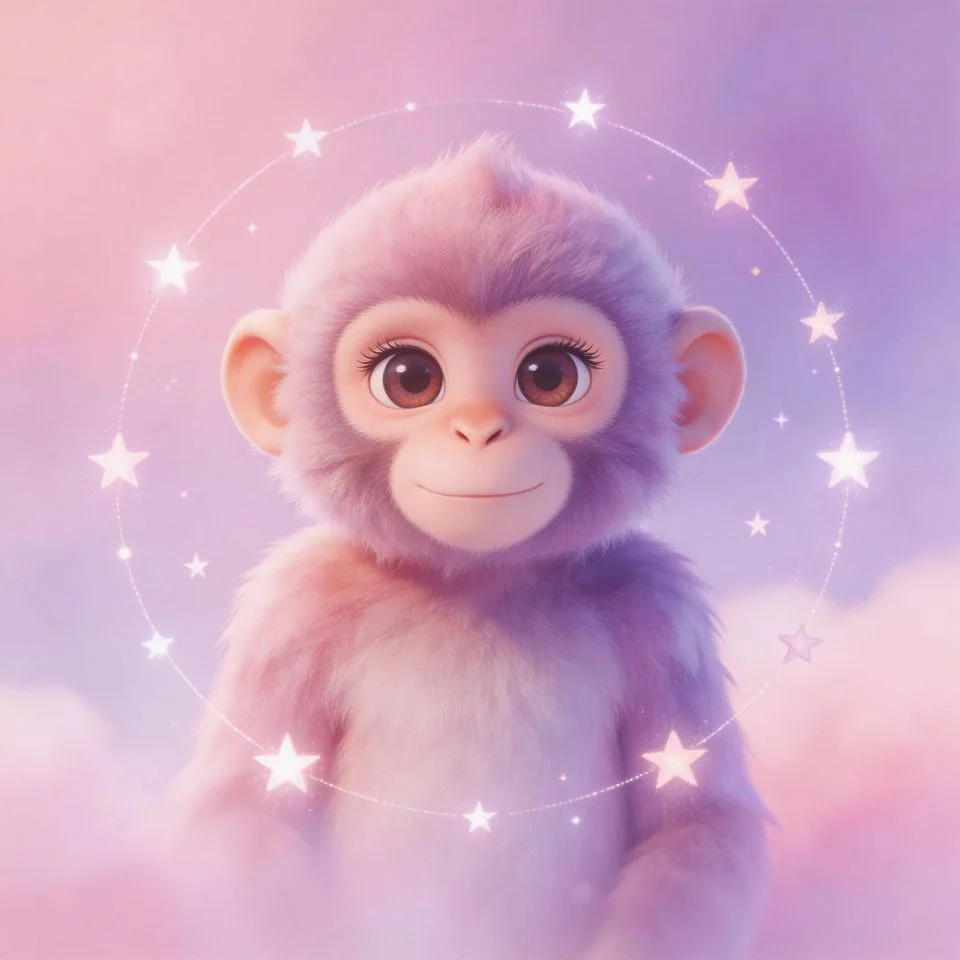 monkey-pfp-girl-aesthetic-sparkle-stars-cotton-candy-pink-purple-dreamy Monkey pfp girl surrounded by sparkle stars in cotton candy pink and purple dreamy palette with soft glowing aesthetic perfect for TikTok and Instagram feminine avatars