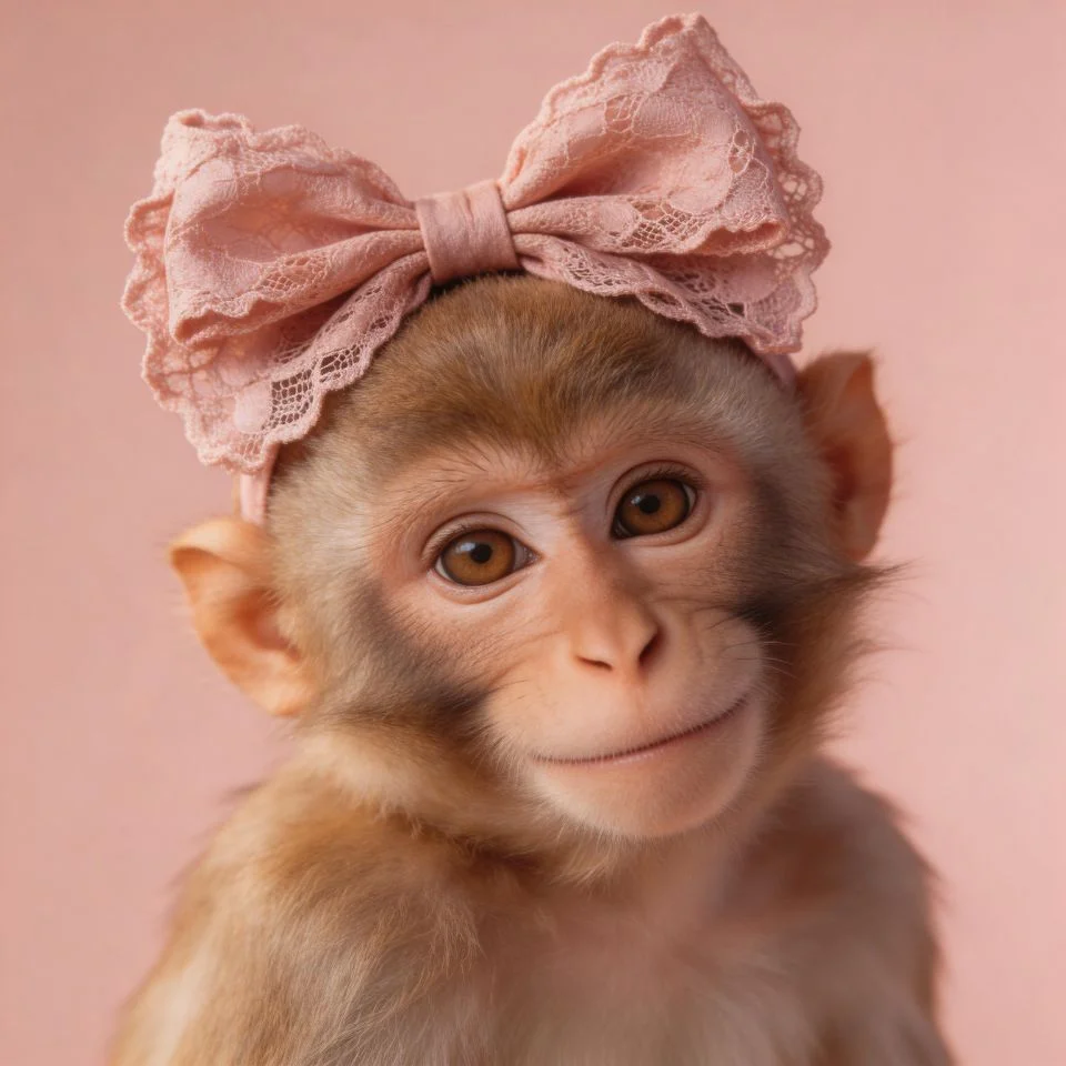 monkey-pfp-girl-coquette-aesthetic-bow-lace-ribbon-soft-pink-feminine Monkey pfp girl in coquette aesthetic with oversized lace bow ribbon soft pink tones and feminine styling perfect for aesthetic TikTok Discord and Instagram profile avatars