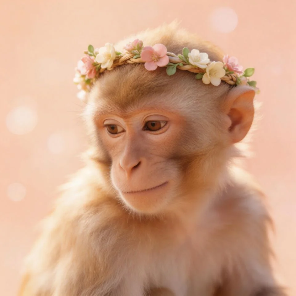monkey-pfp-girl-soft-aesthetic-floral-crown-pastel-peach-gentle-expression-discord Monkey pfp girl wearing delicate floral crown with soft pastel peach tones and gentle dreamy expression perfect for feminine aesthetic Discord and Instagram avatars