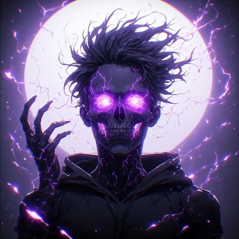 Neon purple pfp with glowing electric skull and vivid violet light trails for bold Discord avatars