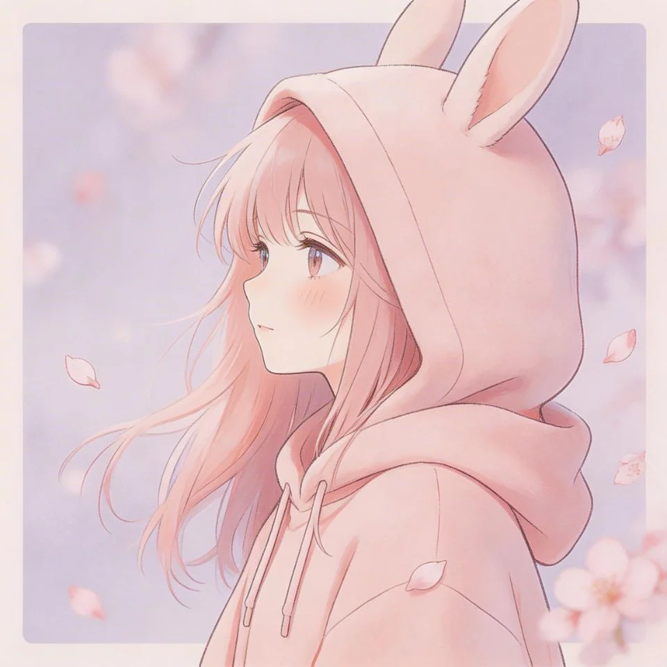 Kawaii anime girl pink profile picture with cherry blossom petals and soft pink hoodie for TikTok avatar